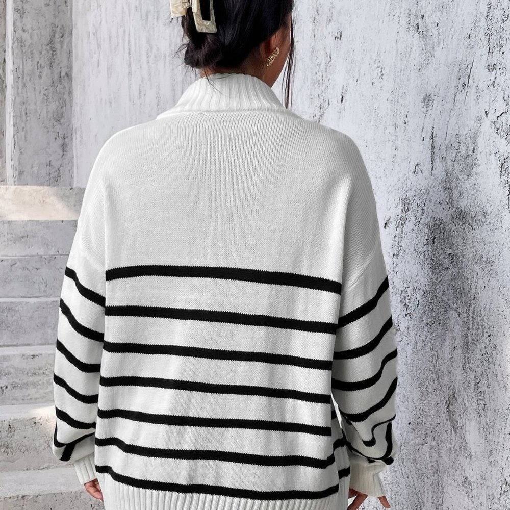 White Casual Womens Stripe Pattern Half Zipper Drop Shoulder Sweater - Picture 2 of 5